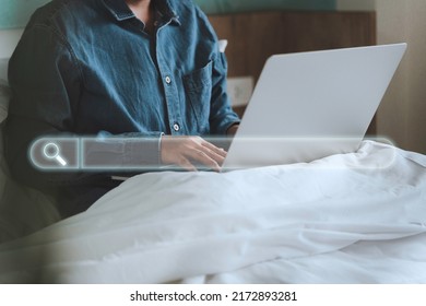 Data Search Technology google search or SEO Search Engine Optimization concept. Woman's hands typing on laptop computer keyboard surfing the internet to search for information on web browser.