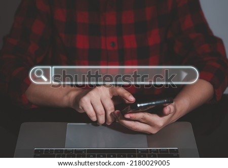 Data Search Technology google search or SEO Search Engine Optimization concept. Woman's hands typing on laptop computer keyboard surfing the internet to search for information on web browser.