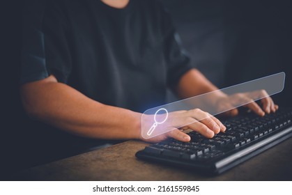 Data Search Technology, man's hands using computer keyboard to searching for information. Search Engine Optimization, Using Search Console for ​your website, SEO.