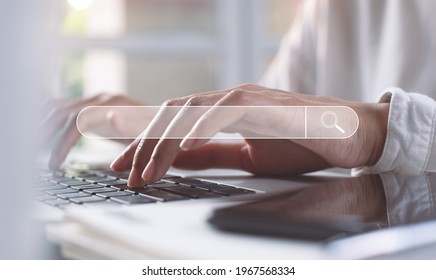 Data Search Technology SEO Search Engine Optimization concept. Woman's hands typing on laptop computer keyboard surfing the internet to search for information on web browser. - Shutterstock ID 1967568334