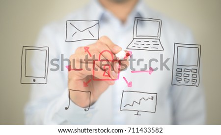 Data Security, Concept Illustration, Man writing on transparent screen