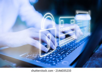 data security concept. man at a laptop with digital privacy icons.