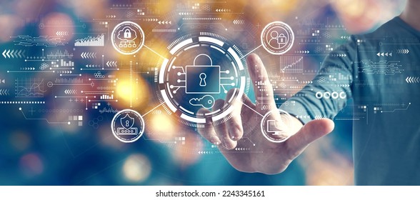 Data Security concept with man on blurred blue city light background