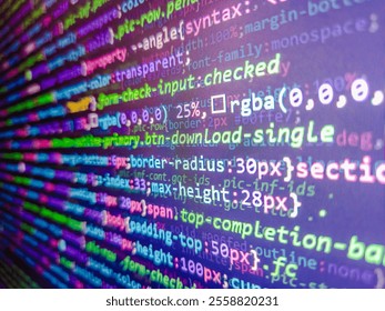Data security concept. Programming concept. Computer html code on screen. Software log in linux. Image of graphs with financial data processing on digital interface against buildings.