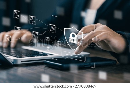 Data security concept with shield lock and password protection on laptop. Cyber protection, encryption, secure login, identity verification and privacy control for online transactions and systems.