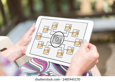 Data security concept shown on a tablet held by a woman