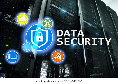 Data security, cyber crime prevention, Digital information protection. Lock icons and server room background. - Shutterstock ID 1145641784