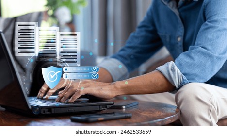 data security information alert user and password during man using laptop , data security, information securuty, and cyber security concept