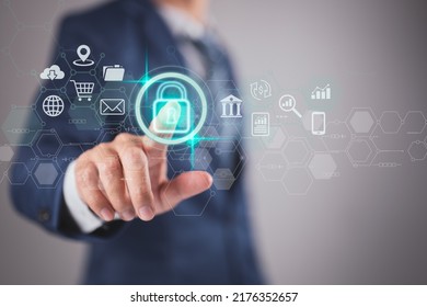 Data security and privacy ideas. Internet network security technologies and the lock symbol. Businessman uses virtual screen interfaces to secure sensitive data.