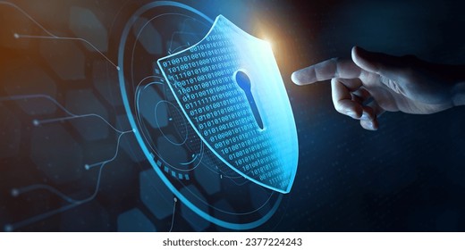Data security, protection and privacy on internet. Person touching virtual shield, secure access, encrypted connection. Password protected system and storage. Cybersecurity technology.