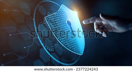 Data security, protection and privacy on internet. Person touching virtual shield, secure access, encrypted connection. Password protected system and storage. Cybersecurity technology.