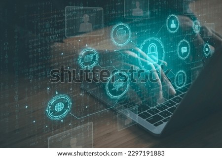 Data Security system concept, Business man use laptop with security icon screen, innovation technology, cloud computing, internet network communication