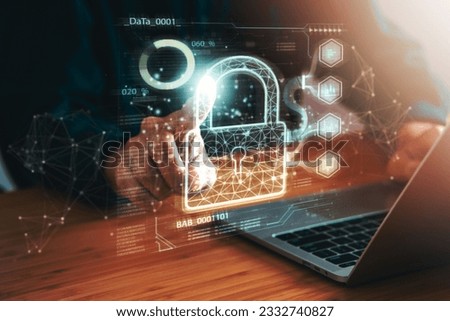 Data Security system concept, Business man use laptop with security icon screen, innovation technology, cloud computing, internet network communication