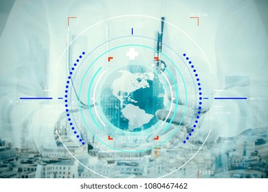 Data Security system Shield Protection Verification concept.Doctor hand working with stethoscope and laptop computer digital tablet with virtual dashboard interface.world by NASA