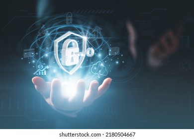 Data Security system Shield Protection Verification.Businessman's touch screen lock with the most advanced security system to access high-tech systems. cyber security data protection business privacy 