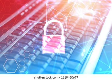 Data security systems computer with locked padlock on keyboard for protect crime by an anonymous hacker internet and data network / technology background cyber security concept