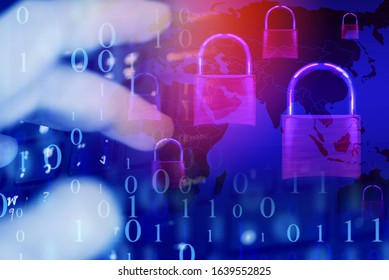 Data security systems computer with locked padlock on digital number and world map for protect crime by an anonymous hacker internet and data network / technology background cyber security concept