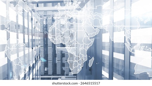Data servers in modern facility with world map overlay image. Technology, data center, infrastructure, digital, connectivity, cybersecurity