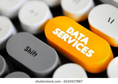 Data Services refers to a range of services that involve the management, processing, storage, and analysis of data, text button on keyboard