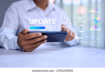 data and software update concept with a man in white using smartphone to information updating on cloud computing system