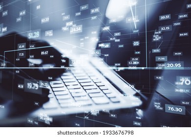 Data and statistic protection concept with human hand typing on laptop keyboard and digital glowing technological numbers. Double exposure