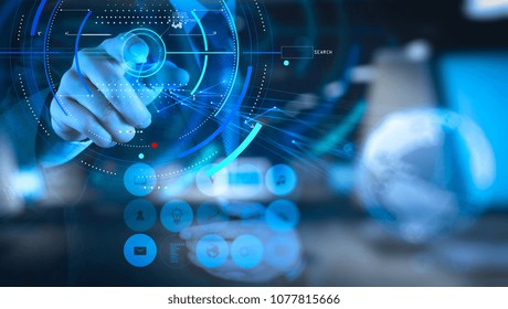 Data statistics charts and key performance indicators diagram.double exposure of businessman hand holds social network as concept