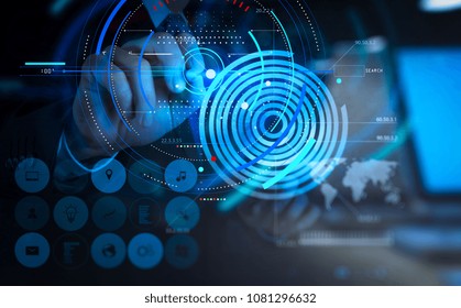 Data statistics charts and key performance indicators diagram.double exposure of businessman hand drawing virtual chart business on modren computer