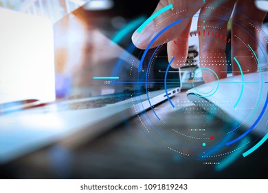 Data statistics charts and key performance indicators diagram.close up of business man hand working on blank screen laptop computer on wooden desk as concept