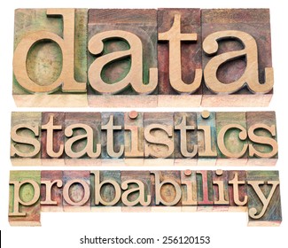 data, statistics and probability - isolated words in letterpress wood type blocks