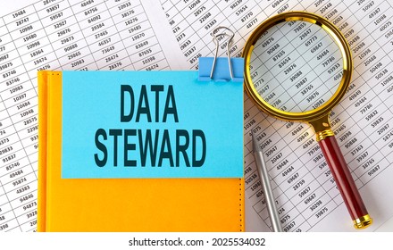 DATA STEWARD Text On Sticker On Notebook With Magnifier And Chart. Business