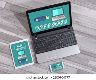 Data storage concept shown on different information technology devices