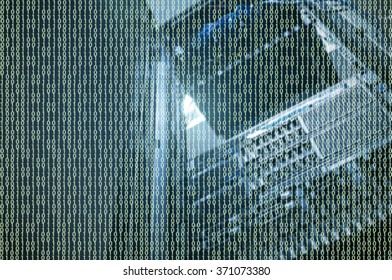 Data storage overlay on rack server against neon light flare in datacenter with dept of field
