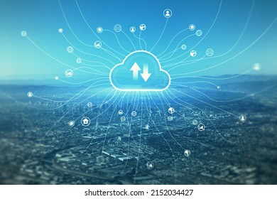 Data Storage, Smart City And Cloud Technologies Concept With Digital Social Networking Internet Icons Connected With Cloud Sign With Oppositely Directed Arrows Above City Landscape