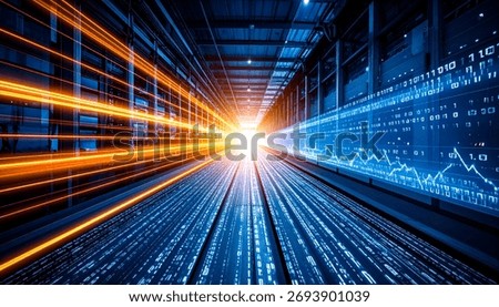 Data streams in a high-tech server room with bright light