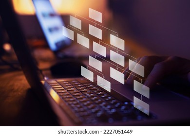 data structure, mindmap or organigram on virtual screen, hierarchy concept