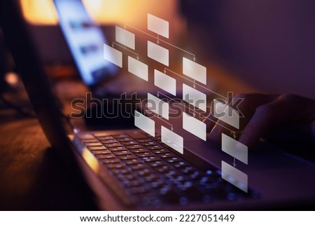 data structure, mindmap or organigram on virtual screen, hierarchy concept