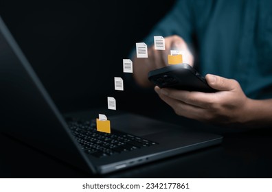 Data Sync concept, Transfer file of data between devices. Backup documents, Exchange of files on folder, Send document in internet or wireless network. DMS, Virtual document loading to another folder.