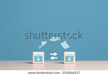 Data Synchronize Transfer, Copy or Move data files between folders, Backup sync data, Exchange files in folder, Send documents to internet. Wooden blocks with virtual document load to another folder.
