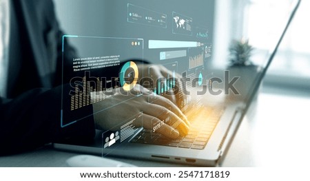 Data System KPI and metrics connected in database for follow earnings,operations and sales data.Businessman using KPI dashboard.Financial business KPI System data analytics graph dashboard.