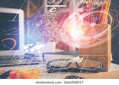 Data tech hologram with glasses on the table background. Concept of technology. Double exposure. - Powered by Shutterstock - Get 15% off with code: PIKWIZARD15