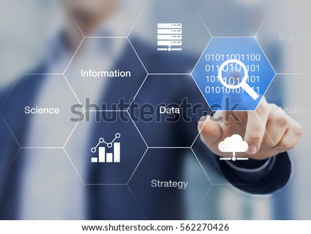 Data technology concept with words and icons about strategy, science, information, analytics and innovation