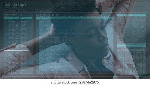 Data terminal access image over person working on computer. Technology, networking, cybersecurity, workstation, coding, IT
