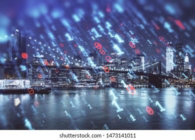 Data theme hologram drawing on city view with skyscrapers background multi exposure. Ai concept.