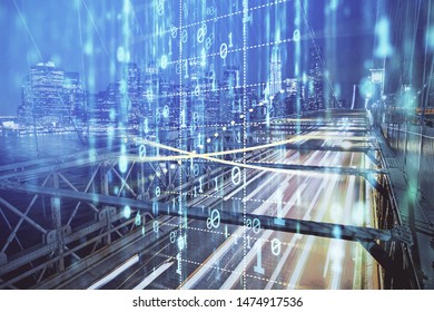 Data theme hologram drawing on city view with skyscrapers background double exposure. Ai concept.