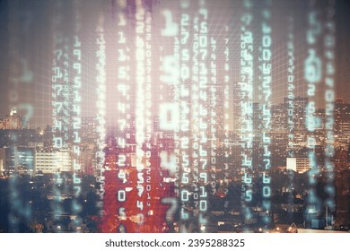 Data theme hologram drawing on city view with skyscrapers background multi exposure. Ai concept. - Shutterstock ID 2395288325