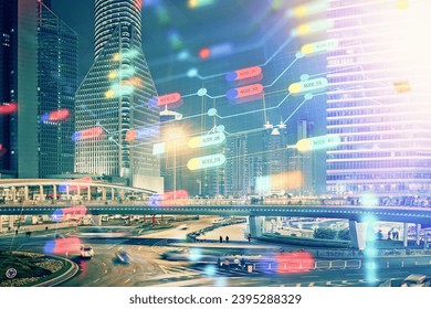 Data theme hologram drawing on city view with skyscrapers background multi exposure. Ai concept. - Shutterstock ID 2395288329