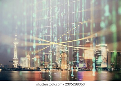 Data theme hologram drawing on city view with skyscrapers background double exposure. Ai concept. - Shutterstock ID 2395288363