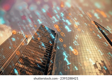 Data theme hologram drawing on city view with skyscrapers background multi exposure. Bigdata concept. - Shutterstock ID 2395288421