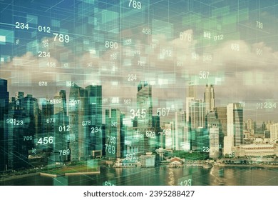 Data theme hologram drawing on city view with skyscrapers background multi exposure. Bigdata concept. - Shutterstock ID 2395288427