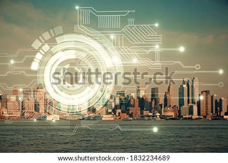 Data theme hologram drawing on city view with skyscrapers background multi exposure. Bigdata concept.
